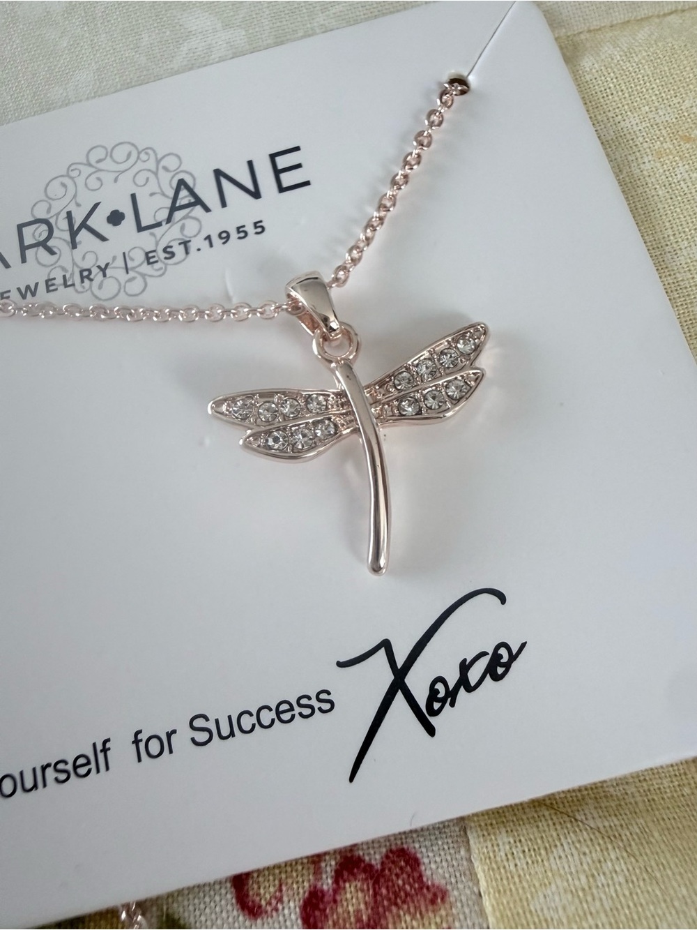 Park Lane Rose Gold toned Dragonfly Crystal Pendant Necklace w/ pave crystals.